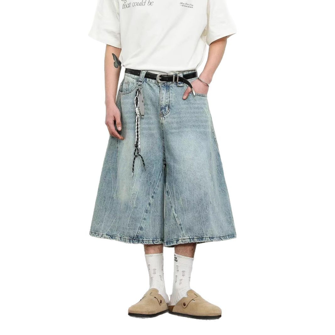 American Style Retro Deconstructed Washed Loose Blue Denim Shorts Trendy Brand Design Wide Leg Seven-point Medium Pants for Men and Women