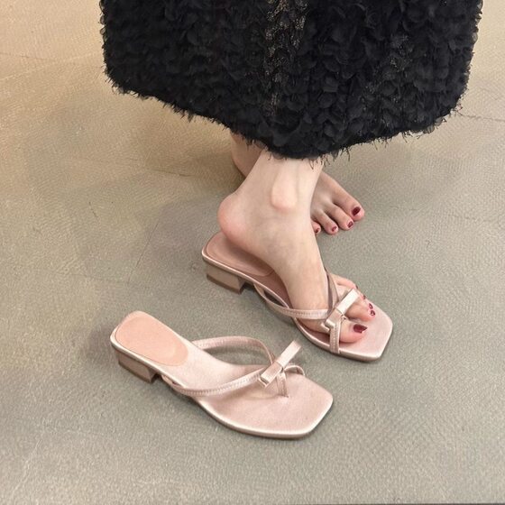 Thick Heel Bow Slippers Fairy Outer Wear 2025 New Summer French Style Beautiful Small Sandals Flip Toe Holiday Sandals