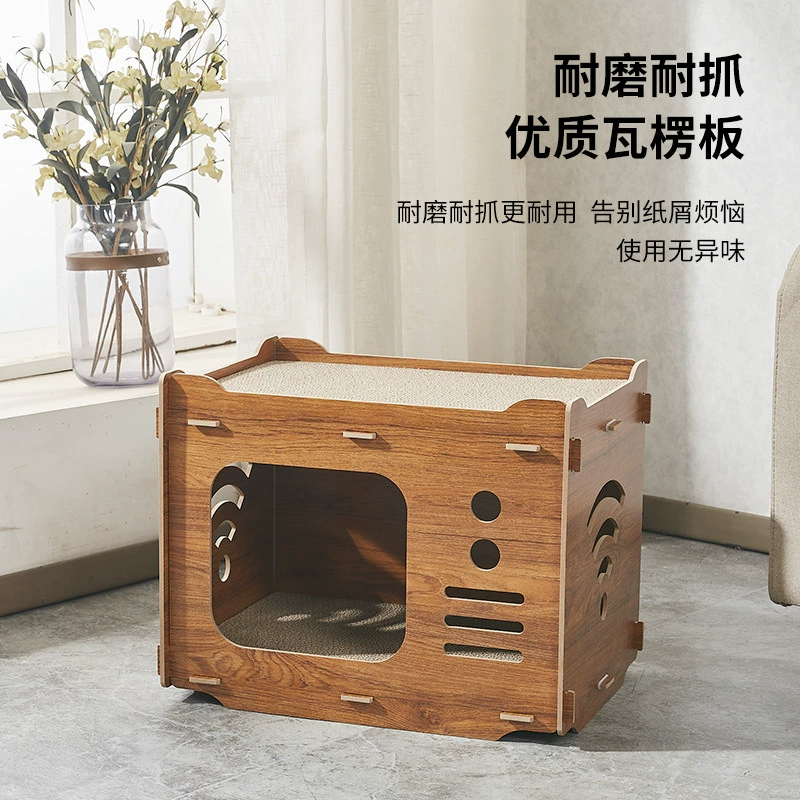 Cat scratcher box, bamboo wood panels with replaceable corrugated pad, multiple sizes
