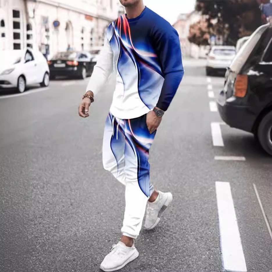 Cross-border European and American Spring and Autumn Fashion Urban Leisure New Gradient Printed Pullover Crewneck Long Sleeve Trousers suit