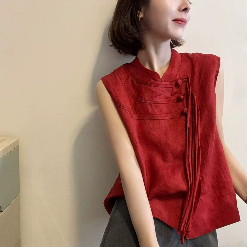 Новый льняной жилет без рукавов с пряжкой в ​​китайском стиле для женщин, лето 2025, элегантный универсальный элегантный топ для похудения