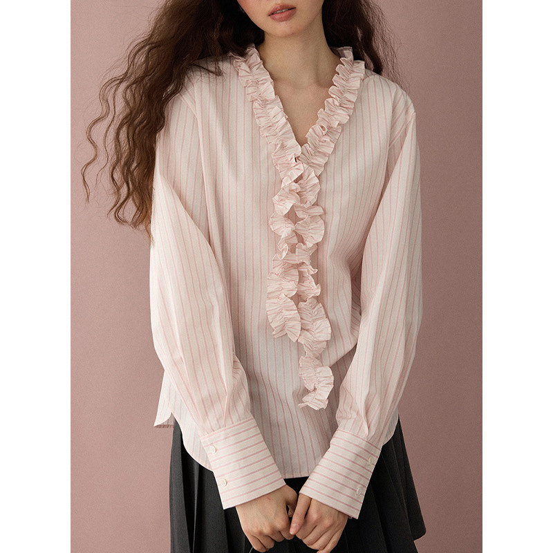 Stripe Control Full 1 Cotton Loose Slimming Lace Striped Shirt Early Spring New Casual All-match Top