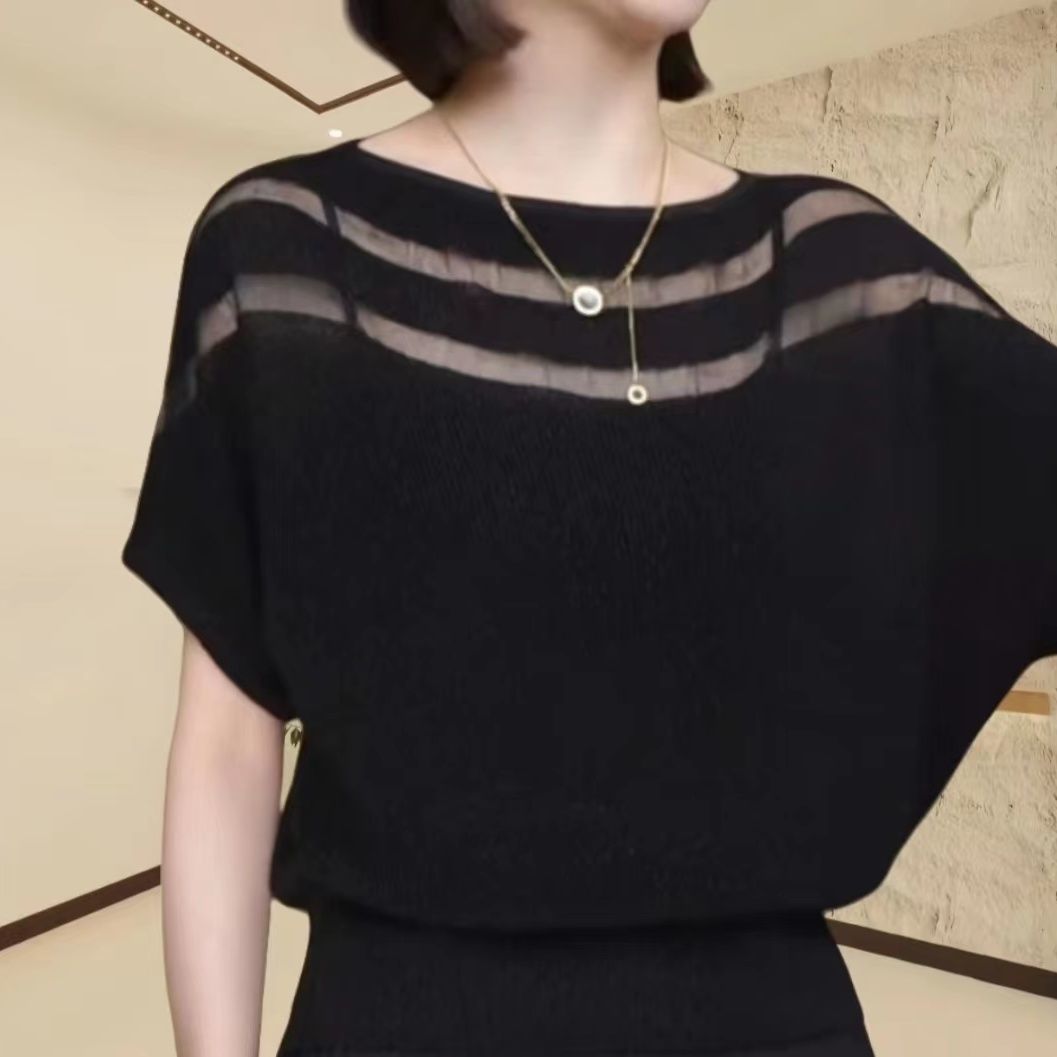 European-made One-character Collar Batwing Sleeve Ice Silk Knitted Sweater Women's Summer Elegant Loose Western-style All-match Belly Covering Top