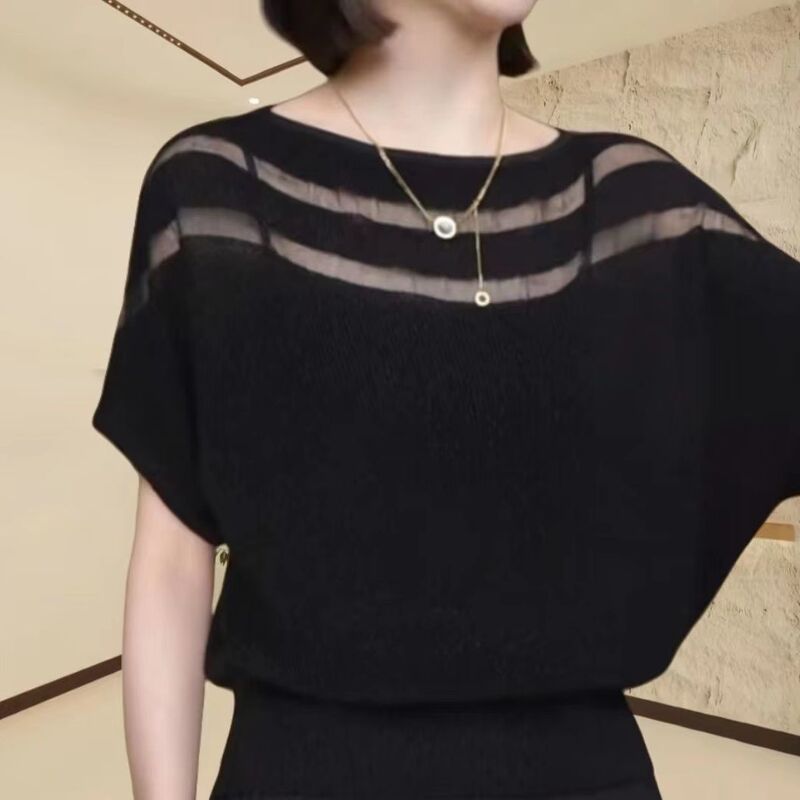 European-made One-character Collar Batwing Sleeve Ice Silk Knitted Sweater Women's Summer Elegant Loose Western-style All-match Belly Covering Top