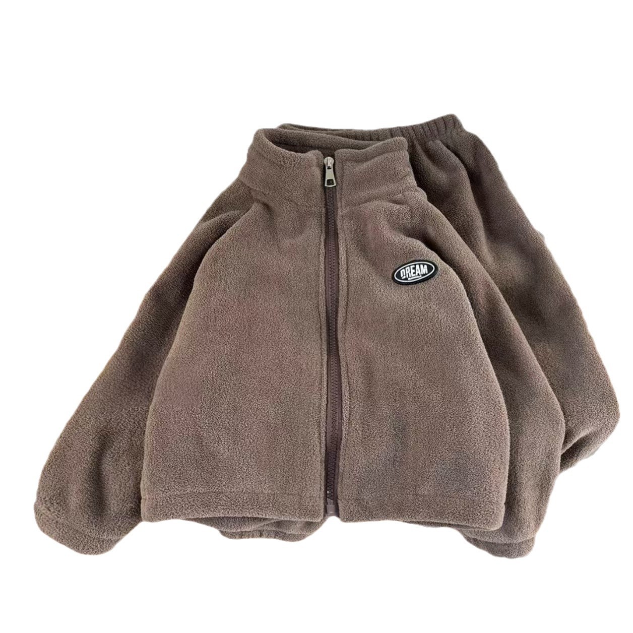 어린이 가을 겨울 양면 양털 세트 소년 소녀를위한 따뜻한 모직 스웨터 투피스 세트 수직 칼라가있는  의 방풍 따뜻한 옷