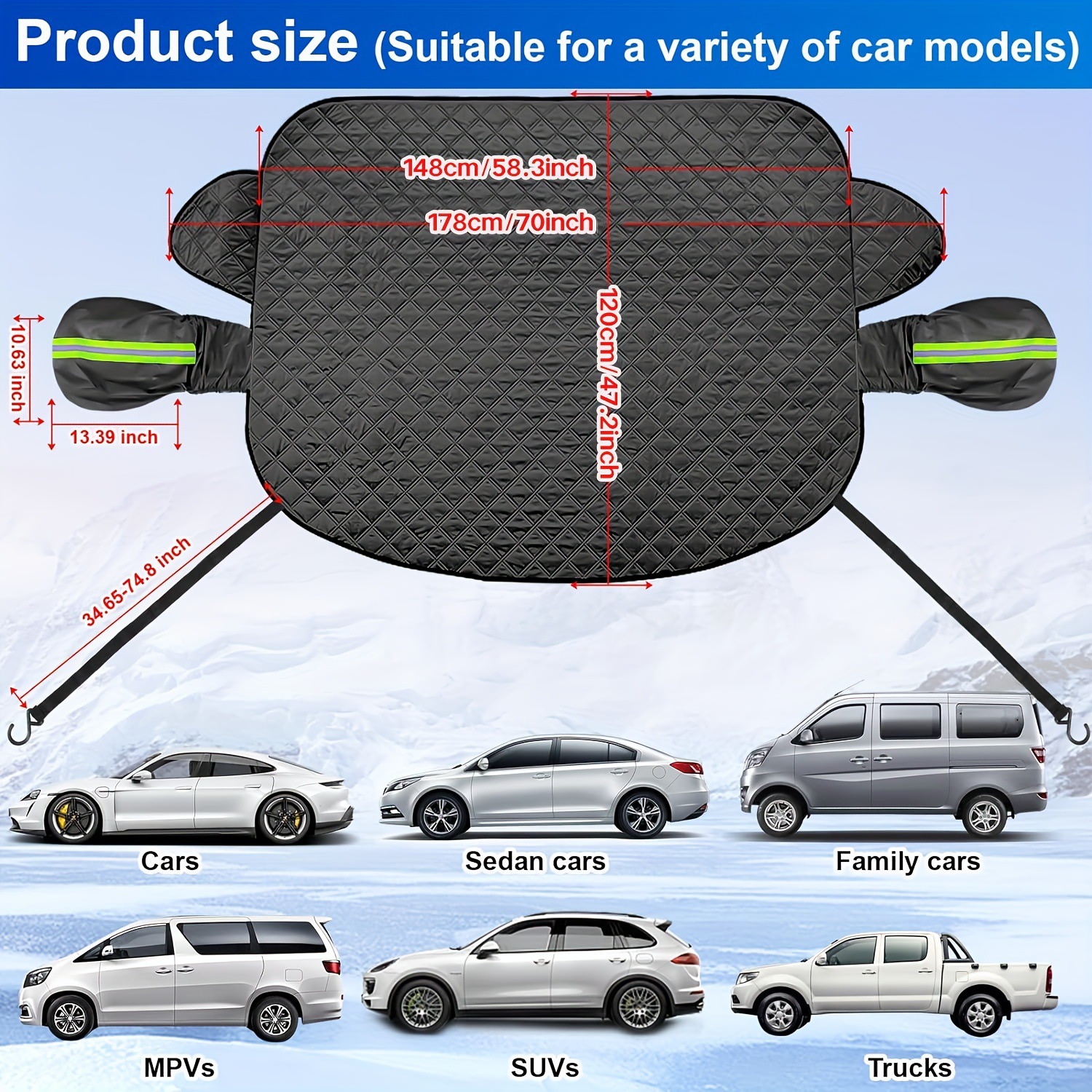 Car snow shield thickened front windshield snow cover antifreeze black five-layer cotton magnetic snow shield with windproof hook