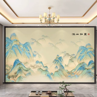 高端大气电视背景墙壁画千里江山图壁布中式山水壁纸客厅影视墙布