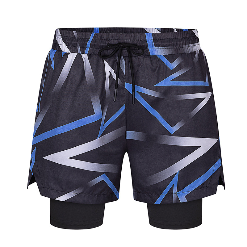 Pantalones cortos deportivos transfronterizos de secado rápido pantalones cortos de dos piezas falsos de los hombres bañador de doble capa anti-exposición pantalones de playa impresos elásticos