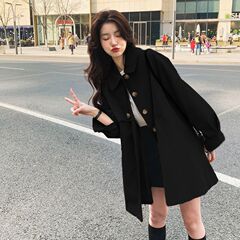 黑色风衣外套女中长款小个子2025春秋新款灯笼袖休闲时尚百搭上衣