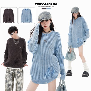 TIDE CARD LOG | fall/winter new retro water mill wash water irregular hole sweater Joker sweater tide