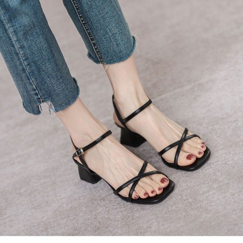 2024 summer new Korean version with skirt for women's shoes simple cross-band square toe open-toe sandals Korean version thick heel sandals for women