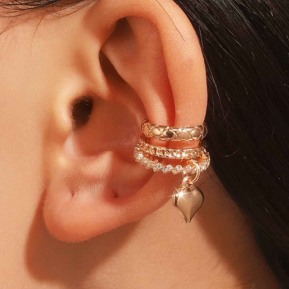 French retro romantic heart-shaped water drop chain non-pierced ear bone clip with elegant multi-layer design cross-border earrings and ear clips