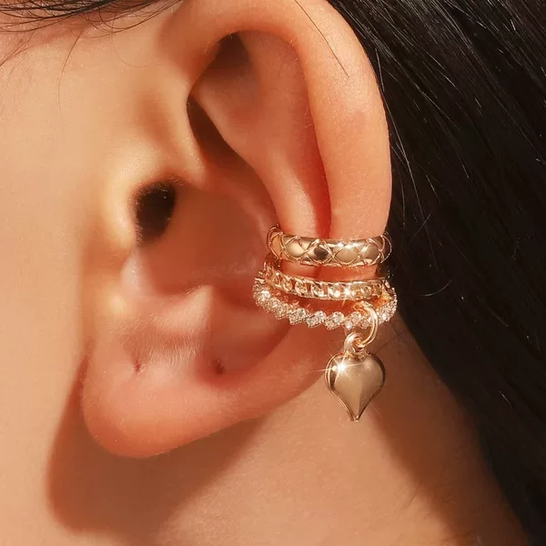 French retro romantic heart-shaped water drop chain non-pierced ear bone clip with elegant multi-layer design cross-border earrings and ear clips