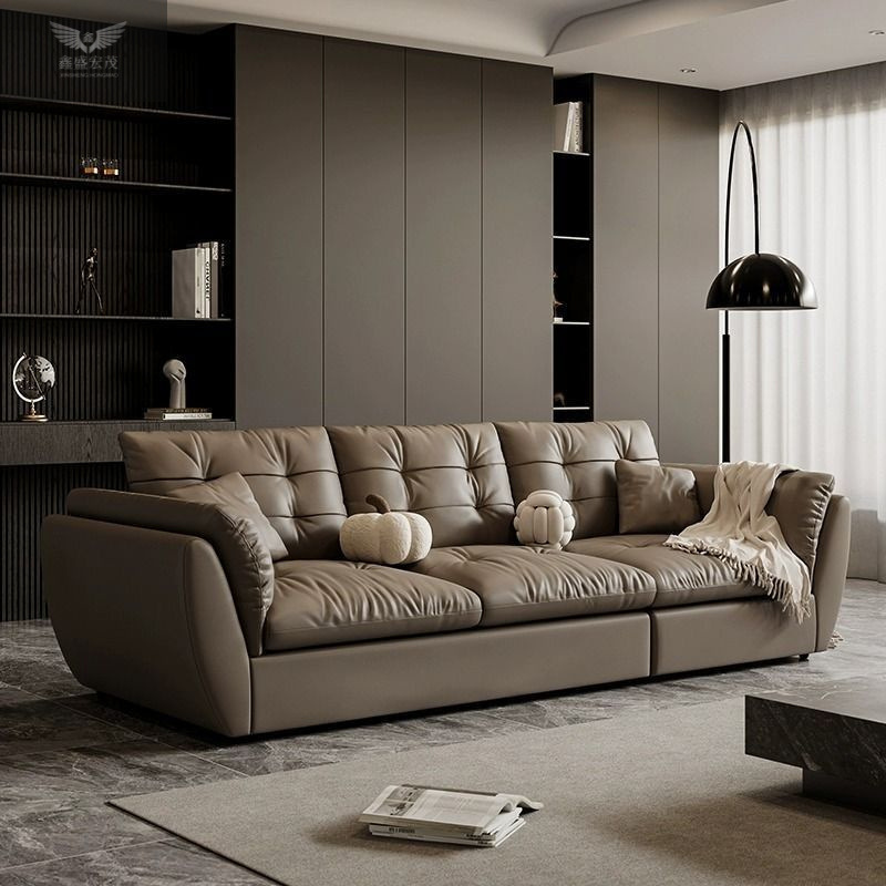 Piel de vaca de primera capa, sofá de red de línea recta de alta gama, sala de estar, sofá de cuero minimalista moderno, Mocha, nube minimalista italiana image 4