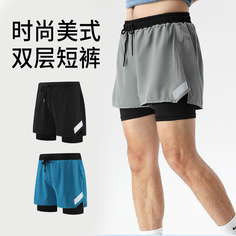 Cross-border Punched Double-layer Shorts American Quick-drying Running Fitness Training Sports Shorts Beach Summer Men's Shorts