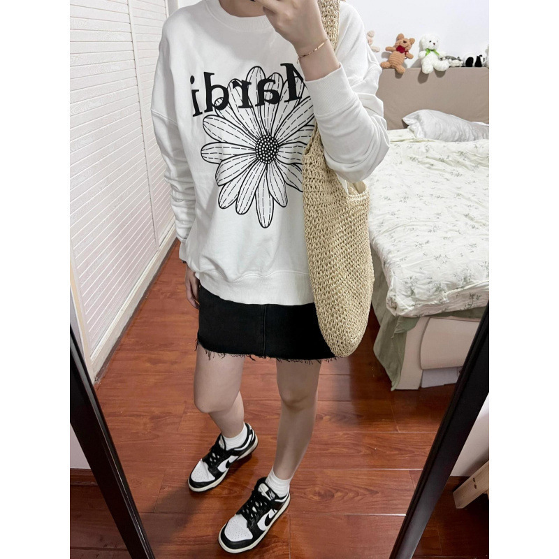 韩国潮牌卫衣小雏菊腊肠狗印花刺绣金高银同款纯棉圆领印花上衣女|undefined