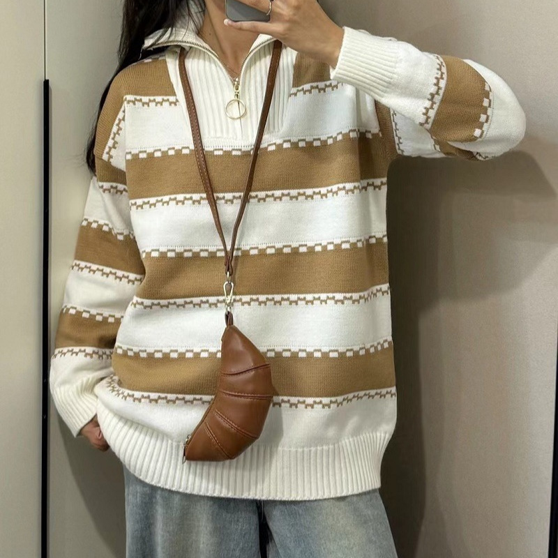 Contrast Color Striped Lapel Autumn and Winter Half-Zip Knit Sweater for Women 2026 New Style Loose Casual College Style Outerwear Sweater Contrast Color Striped Lapel Autumn and Winter Half-Zip Knit Sweater for Women 2026 New Style Loose Casual College Style Outerwear Sweater