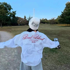 韓国のbadblood長袖シャツはシンプルなアルファベットの愛の刺繍のストライプのレトロな襟の春秋のシャツのファッションです。