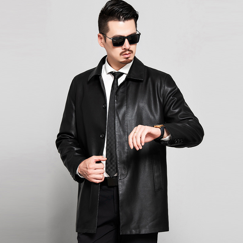 Wholesale men's leather jackets, new spring/autumn/winter styles, business casual jackets, lapel, loose fit, mid-length leather coats.