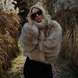 ZA亚马逊爆款跨境外贸欧美风气质女装街头时尚人造皮草效果外套