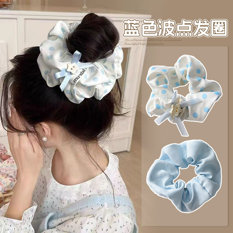 小清新蓝色波点蝴蝶结发圈女韩系扎马尾大肠发绳温柔气质丸子头绳|undefined