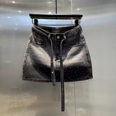 大码复古渐变烫钻牛仔半身裙女夏季胖mm高腰显瘦包臀a字短裙子