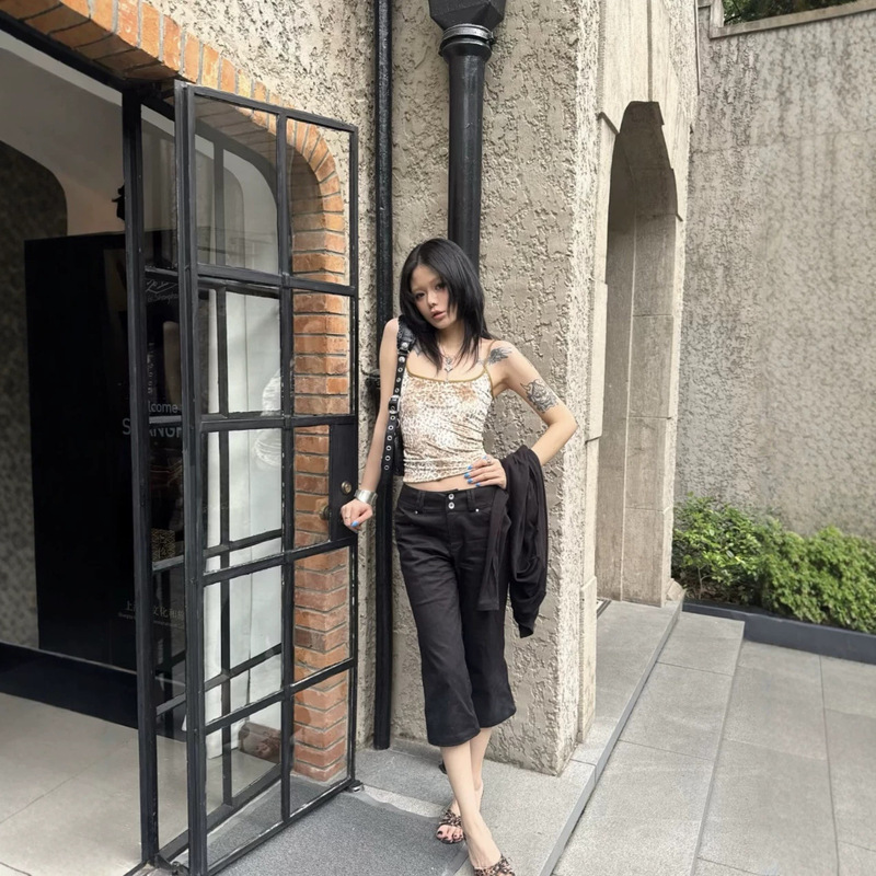 Rivet-Embellished Cropped Pants * Vintage Capri Flared Low-Waist Equestrian Pants