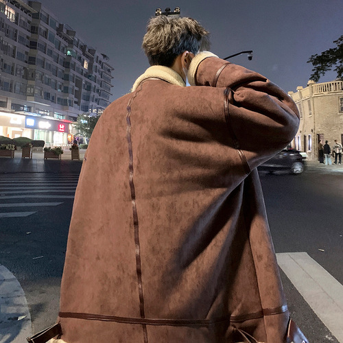 Suede cotton coat men's winter trend ins loose lapel thickened cotton coat trendy brand fur integrated motorcycle jacket