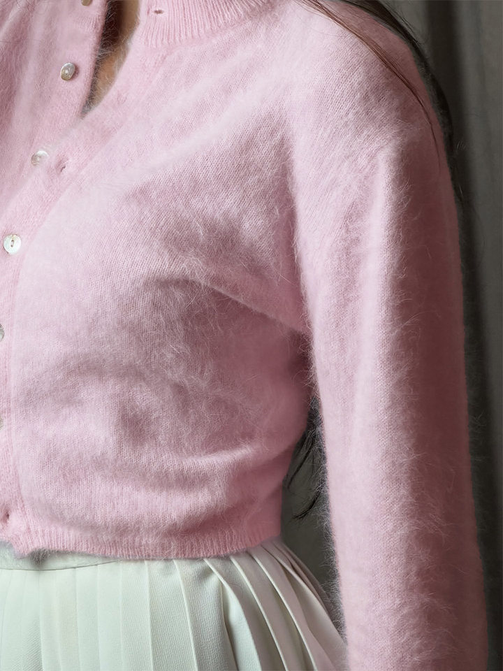 Áo khoác cardigan len nữ dáng ôm cổ tròn tay dài một hàng cúc chất liệu lông mềm mại — Màu hồng, Màu trắng, Màu xám nhạt, Xanh đậm chi tiết 7