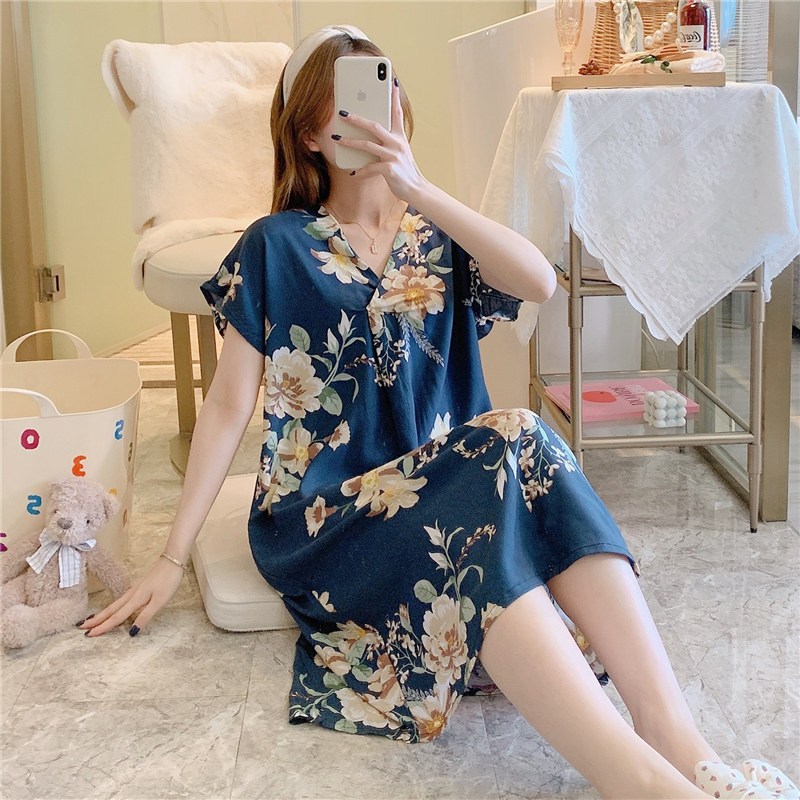 Camisón de seda de algodón para mujer verano nuevo Pijama estampado de dibujos animados de manga corta estilo coreano más tamaño ropa para el hogar suelta de seda de algodón delgada