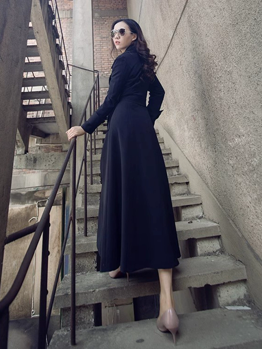Осеннее удлиненное пальто-тренч, длинная подтяжка, slim fit, большой размер