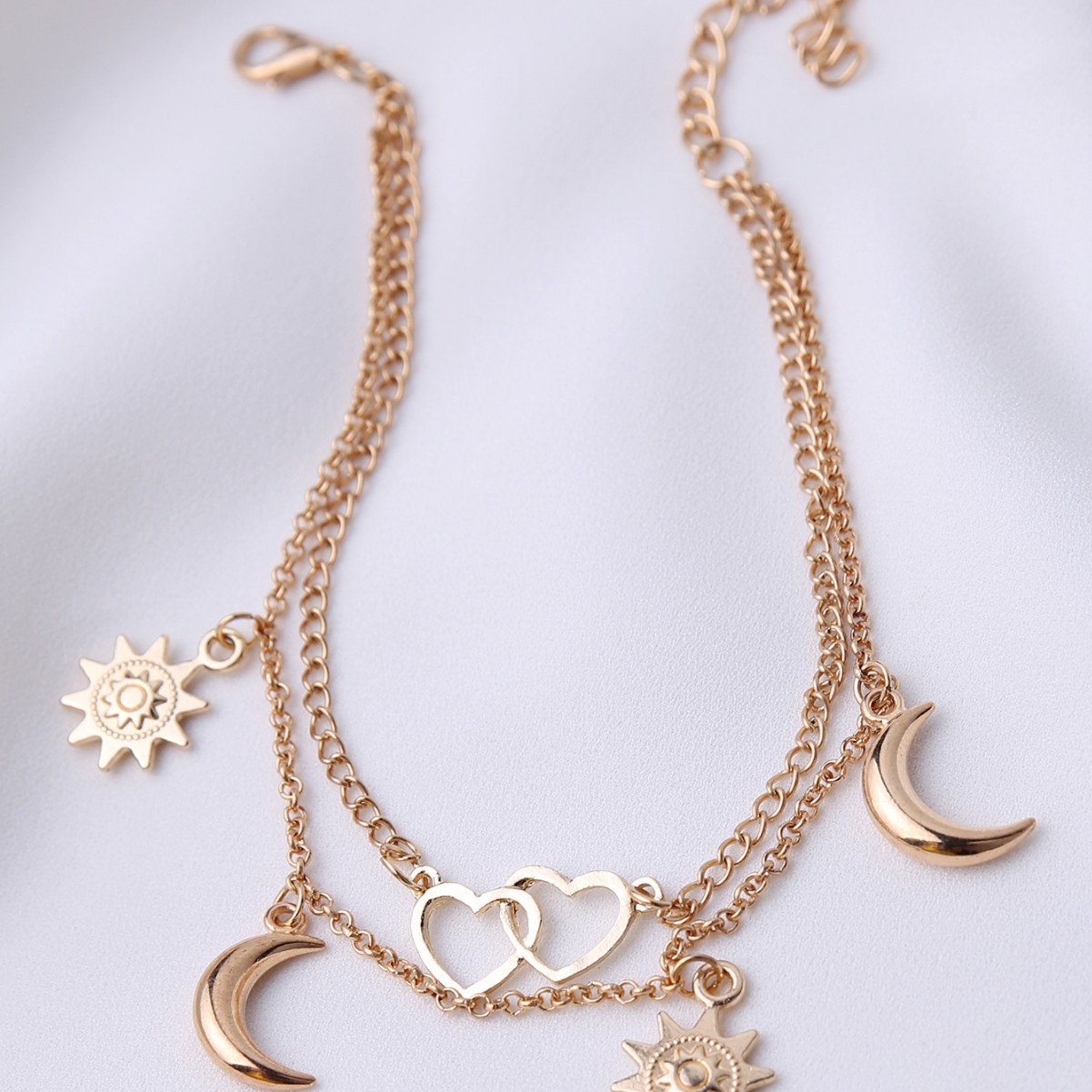 2022 Cross-Border Sun Heart Crescent Beach Silver Metal Chain Anklet for Women European and American Manufacturers in Stock Beach Style