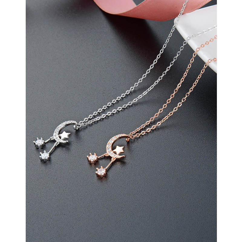 Diamante Rosa estrella de oro s925 collar plata estilo japonés y coreano dulce moda ZIRCON Luna cadena colgante al por mayor