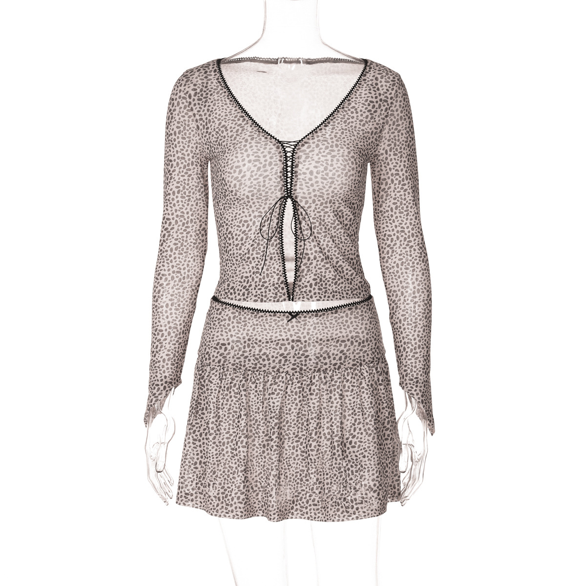 Women Summer Leopard Print Printed Sexy V neck Cardigan Strap Long Sleeved T shirt Miniskirt Set