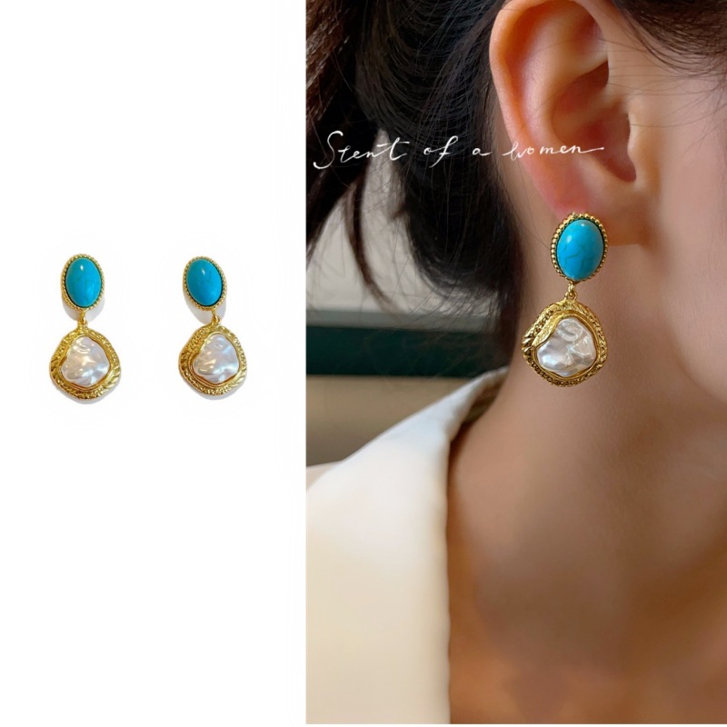 Retro turquoise geometric fashionable earrings pearl drop-shaped