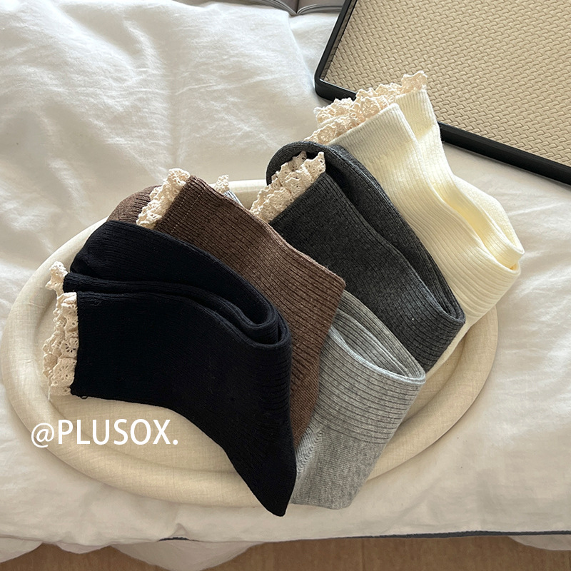 Autumn New Retro Lace Edge Double Needle Pile Socks Korean Style Ins Sweet College Wind Mid-Calf Women's Socks