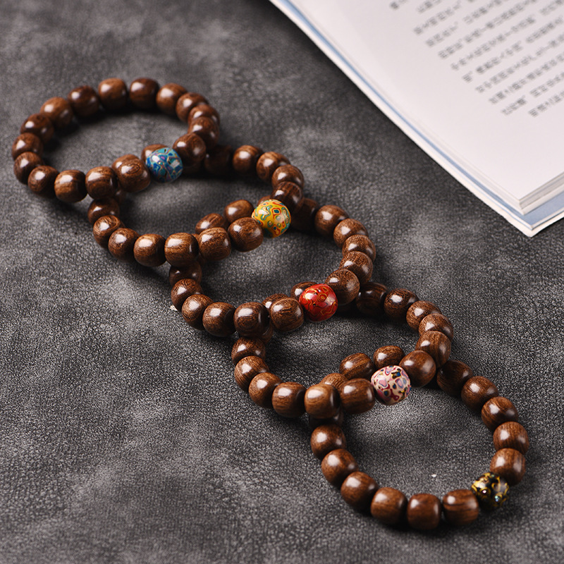 rosary with round beads golden sandalwood walnut