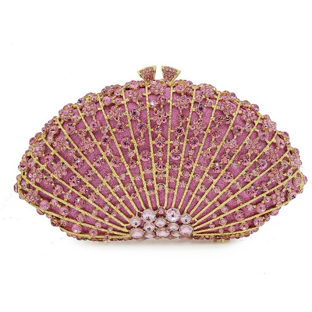 Bolsa de cena con diamantes en forma de ventilador transfronteriza bolsas de diamantes metálicas huecas bolsas de fiesta celebridades europeas y americanas reuniones anuales bolsas de mano de mujeres púrpura oscuro