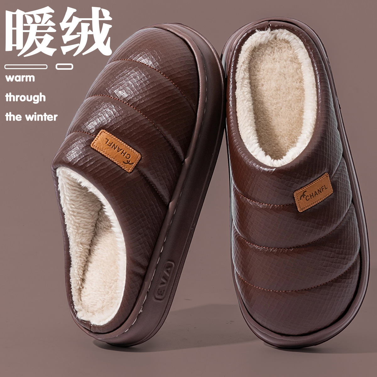 2025 nuevas zapatillas de algodón para hombres en invierno pu impermeable a prueba de desgaste fondo grueso antideslizante para el hogar interior mujeres a prueba de frío image 5