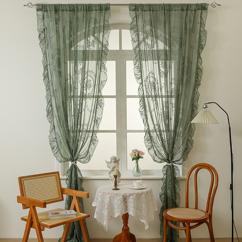 French Country lace curtain for living room, bedroom, balcony, bay window, semi-lightproof window curtain with gauze and valance, lotus leaf edge