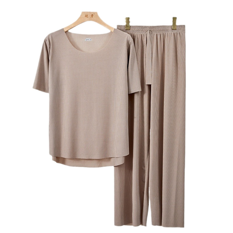 2024 여름 아이스 실크 파자마 투피스 세트 반팔 세트 여성용 새 집 옷 캐주얼 루즈 와이드 레그 바지 파자마 바지