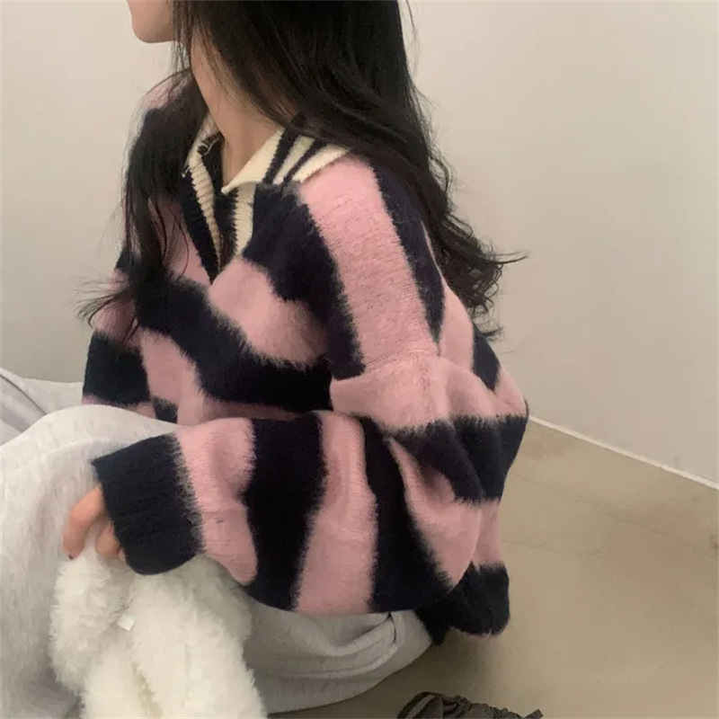 现货  蓝棕条纹polo翻领毛绒针织毛衣|undefined