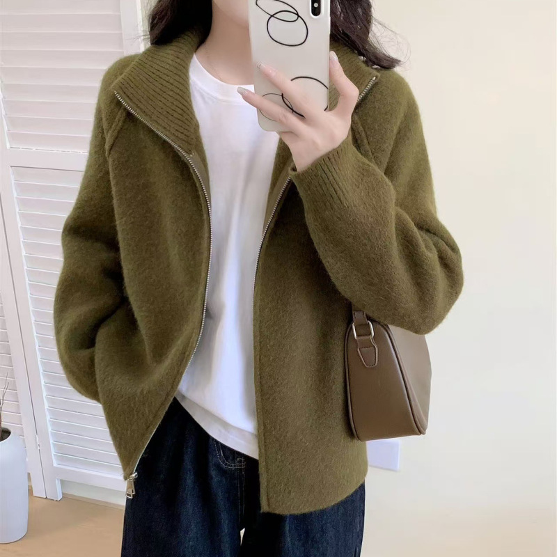 跨境慵懒风毛衣外套女2025秋冬新款韩系纯色立领拉链针织开衫|undefined