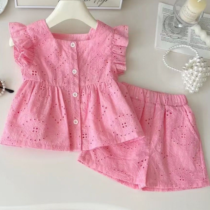 女童夏季无袖粉色棉质小飞袖上衣短裤两件套套春节后夏季预热