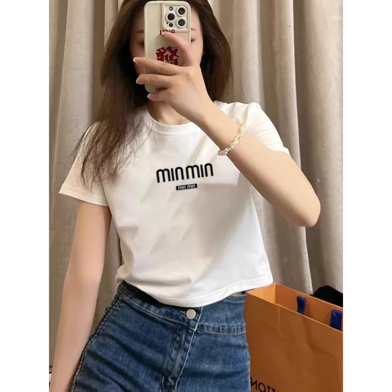 圆领夏季短袖T恤女弧形下摆百搭显瘦印花半袖高腰休闲上衣A3330