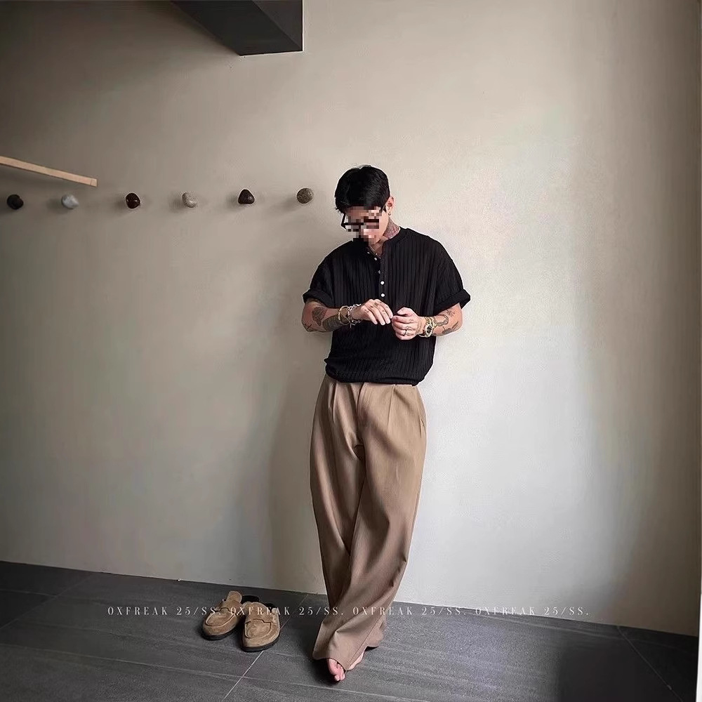 「Texture Pleated Soft and Waxy Feel」Old Money Style Henry Collar Short-Sleeved T-Shirt Men's Slim V Neck Top Short-Sleeved Men's T-Shirt