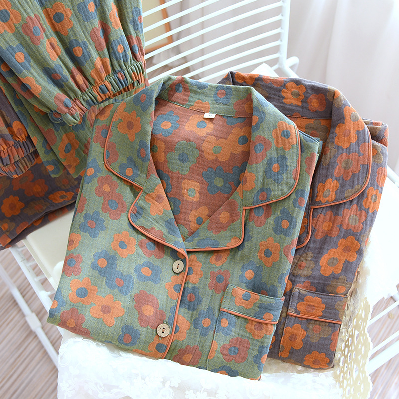 Retro impreso pijamas de las mujeres de primavera y otoño de algodón teñido de hilo gasa de doble capa delgada suelta manga larga traje de desgaste para el hogar
