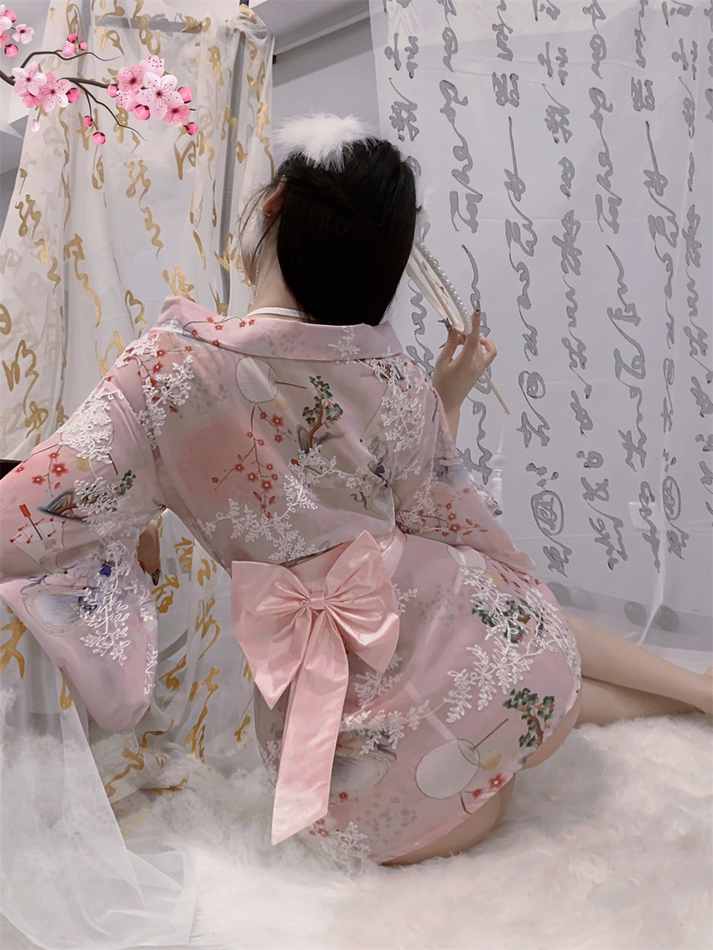 Women’s Chiffon Kimono Robe Set with Bow and White Stockings, One Size — detail image 17