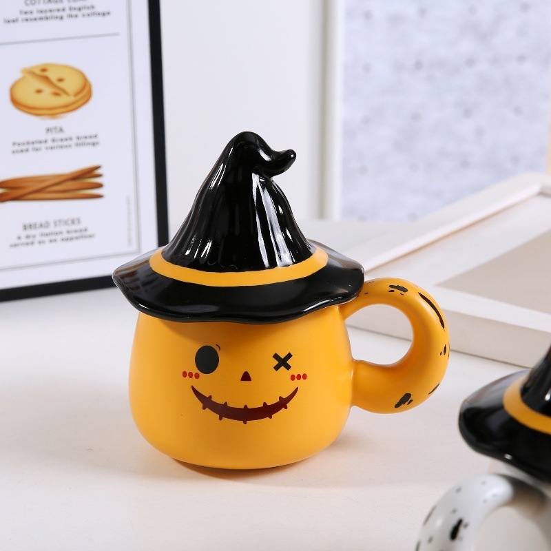 万圣节创意陶瓷水杯杯子幽灵马克杯带盖咖啡杯学生礼品杯跨境批发|undefined