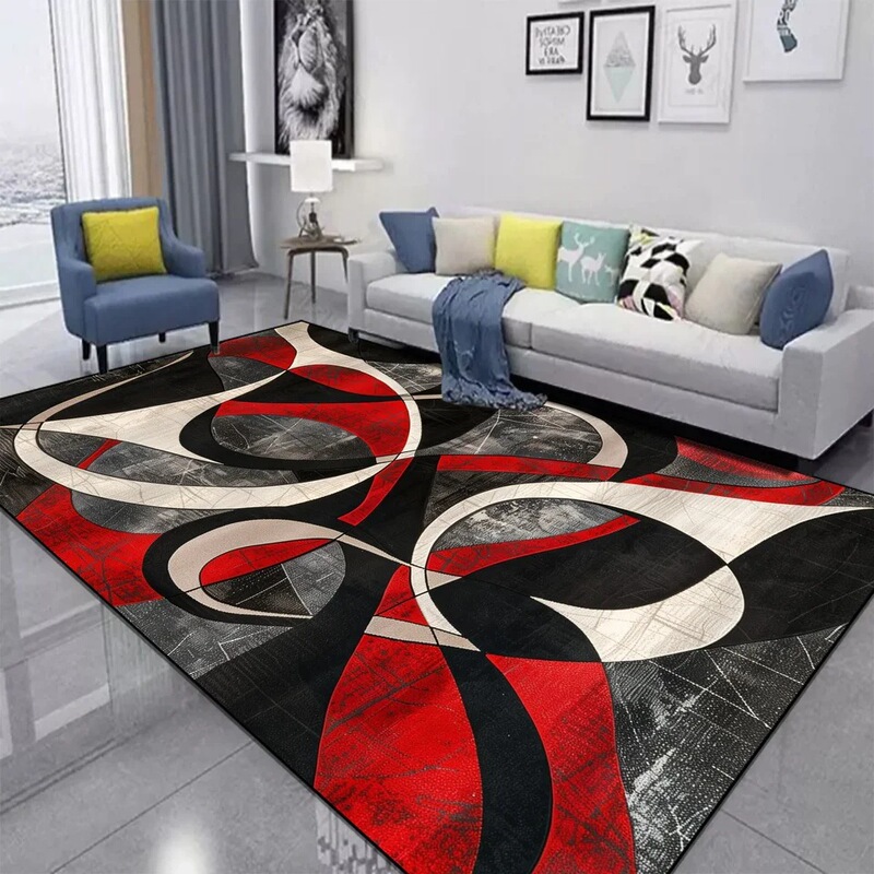 Cross-Border Exclusive Supply of Red, Black, and Gray Abstract Curve Geometric Trendy Non-Slip Flannel Floor Mats for Home Carpet Decoration